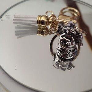 Ganze Angel Charm Bell Prayer Box Opens Up  Silver Tone White Tassel KeyChain